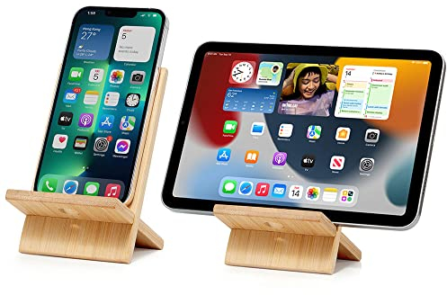Bamboo Mobile Phone Stand with Charging Hole, Detachable Wood Cell Phone Holder Desk Tablet Stand Wooden Desktop Dock Cradle for iPhone iPad and All Phones