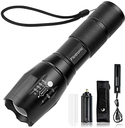 flintronic Torcia LED Potente Professionale, Super Luminoso Torcia Elettrica con Fondina, 5 Modalità IP67 Impermeabile, Zoomabile Torcia per Campeggio, Escursione, Outdoor, Emergenza