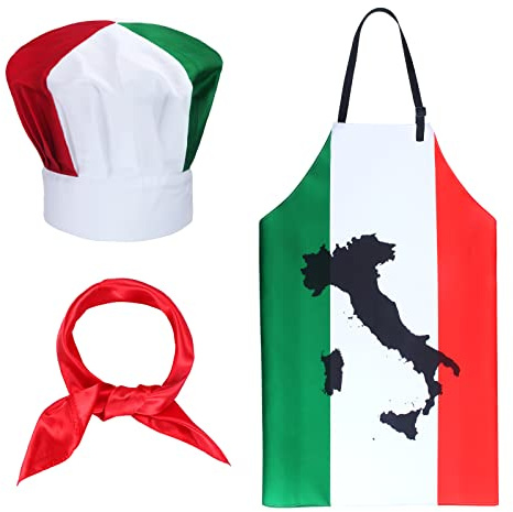 Keymall Costume de chef italien - Toque et tablier pour femme - Drapeau italien - Tablier de cuisine en tissu pour la maison et la cuisine