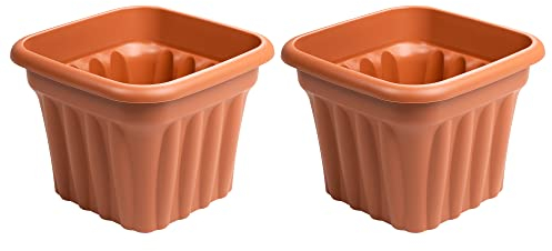 (Set of 2) 40cm Large Terracotta Plastic Square Planters Indoor/Outdoor Pot Lightweight & Weather Resistant Contemporary Design Style Garden Planter Herb Flower Pot Nursery Pot For Home