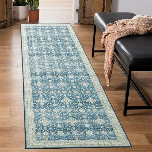 Carvapet Läufer Teppich 60x210cm rutschfest Lang Küchenteppich Weiche Mikrofaser Waschbar Teppichläufer Blumendruck Flächenteppich Laufteppich(Blau)
