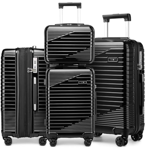 Sea choice 3 Teiliges Kofferset mit 8 Rädern, Polycarbonat-Hartschalen Spinner Trolley Koffer mit TSA Zulassung, 4 Teiliges Set (S/M/L/XL) für Reisen, Schwarz