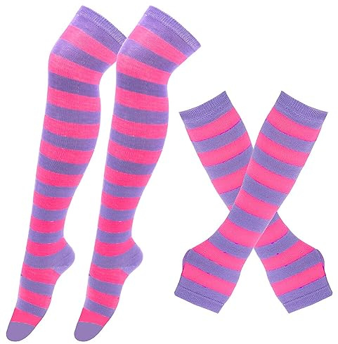 Calze al ginocchio a righe sopra il ginocchio con scaldamuscoli da donna a strisce lunghe a maniche lunghe calde e gambe alte calze senza dita, set di calzini alti per donne ragazze e feste, Rosa +