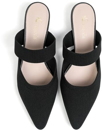 Semwiss Pointed Toe Mules for Women Chunky Low Heeled Sandals Breathable Backless Mesh Knit Slip on Loafers Black Size 8