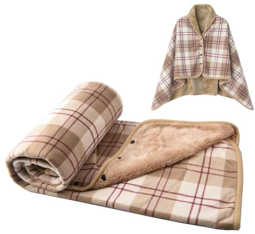 SIVENKE Women's Poncho Fleece Portable Blanket, Checked Lap Blanket, Comfortable Poncho, Plush Blankets, Throw Scarf, Wrap Cover, Cape with Buttons for Bed, Sofa, Office, brown, 100 x 140cm