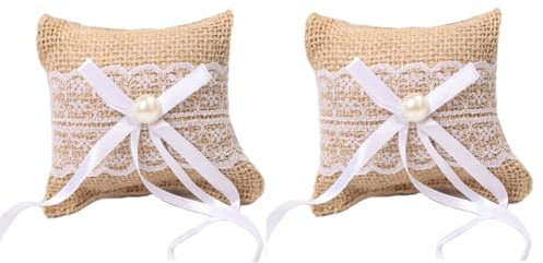 Upstore Rustikales Kissen für Hochzeitsringe, Vintage-Stil, Jute, Spitze, Brautschmuck, Hochzeitsring, kleines Kissen für Hochzeit, Party, 10 x 8 cm, 2 Stück