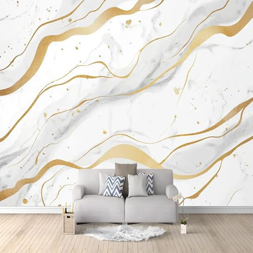 Papel Pintado Mármol dorado sobre fondo Gris claro Fotomurales tejido no tejido de Pared decorativos Gris claro Papel pintado fotográfico Mural Papel pintado Corrector 250 x 175 cm