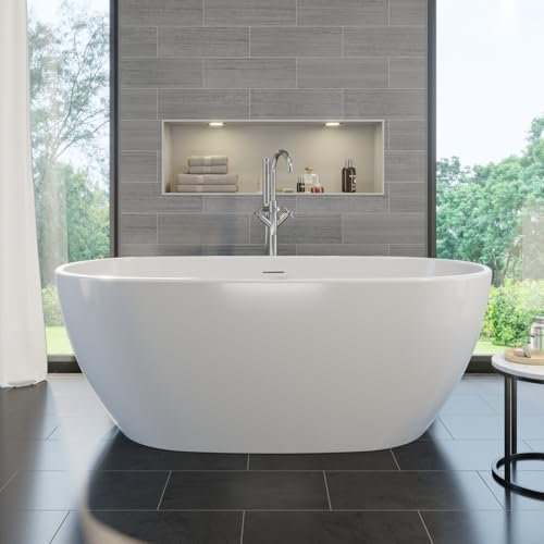 BAYSTONE® 1500 x 730mm Freestanding Double Ended Bath Tub White Gloss Acrylic Luxury Curved for Bathroom Modern Includes Waste