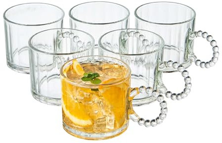 Eden & Willow Pearl Beads Striped Glass Coffee Cup with Handle (Set of 6), Modern Glassware for Tea, Coffee, and Beverages