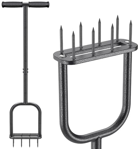 BeneLabel Gräsfläktspik, manuell gräsmatta luftare tung last Gardena aerifiator gräs handfördjupare med långt handtag golvluftningsverktyg 8 dubbar med halkfritt T-handtag för gräsmatta skötsel/svart