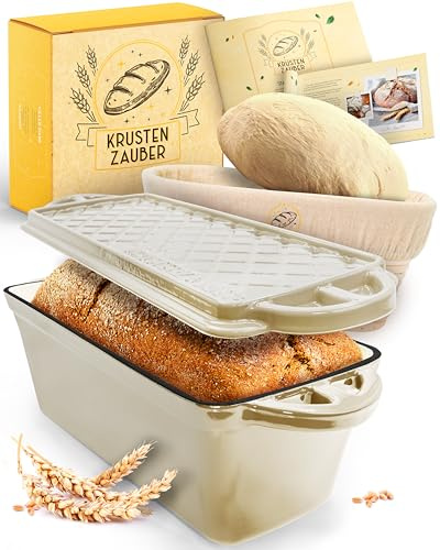 KRUSTENZAUBER Molde de pan esmaltado con tapa, incluye cesta de fermentación, molde robusto de 28 cm de hierro fundido, ideal como molde de caja, pan tostado, molde para pan, molde de pan, olla de