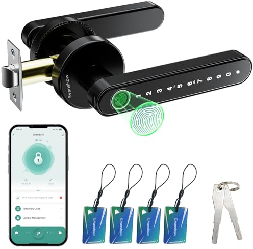 Evanshow Smart Door Lock with Knob, Keyless Entry Door Locks with Handle, Fingerprint Door Knob for Bedroom/Front Door/Apartment,Generate Passcode Remotely Black