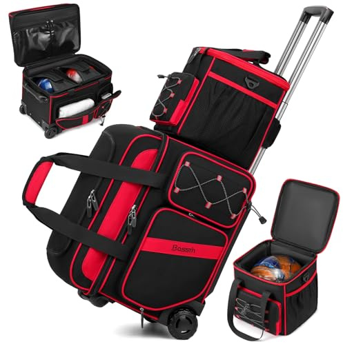 3 Ball Bowling Bag with Wheels, 2 Ball Bowling Bags Double Roller with 1 Ball Add On Bag, Multi-Pockets & Shoe Compartment (Fits Up to Size 15), Red