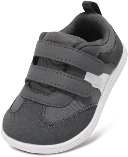 STQ KIDS Toddler Boys Girls First Walking Shoe Barefoot Trainers Non Slip Lightweight Kids School Shoes Wide Fit Zero Drop with Hook and Loop Casual Sports Running Tennis Sneaker Dark Grey UK 6 / T6