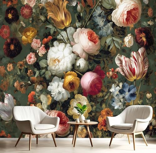 Papel Pintado Pared Pintura Al Óleo De Rosa Antigua 300x210cm Fondo de Pantalla Panorámico Estilo Barroco Papel Tapiz Decoración de Pared para Sala de Estar Dormitorio Oficina, Verde Oscuro