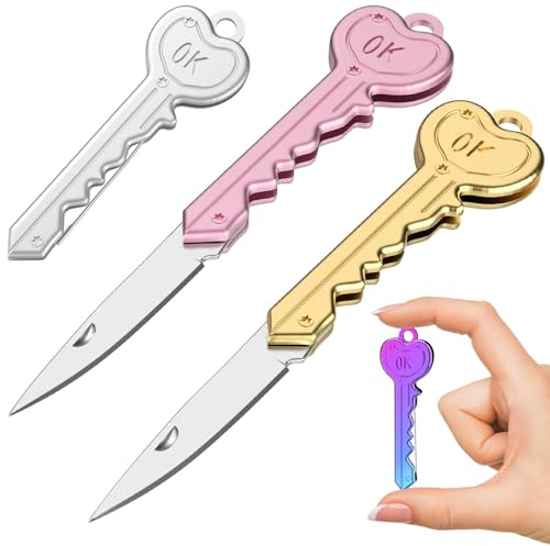 Janvier 4 Stück Klappmesser, Klein Taschenmesser Schlüsselanhänger Messer Tragbares Outdoor Messer Einhandmesser Klappbares mit Integriertem Schlüsselloch für Outdoor Camping Survival