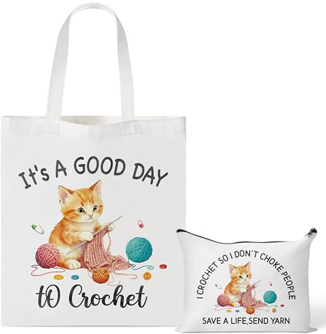 Y1tvei Realistic Cat Canvas Bags - 2Pcs It’s A Good Day to Crochet Canvas Tote Bag Makeup Pouch, Reusable Grocery Folding Shopping Handbag, Knitting Crocheting Funny Gifts for Knitter Crocheters Women
