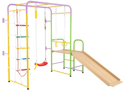 GYMAX Set da Arrampicata per Bambini, 8 in 1 Giocattoli da Interno con Parete da Arrampicata, Barre, Scala, Corda, Anelli, Altalena, Scivolo e Arrampicatore, Parco Giochi per Bambini dai 3 Anni