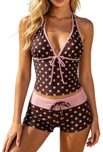 Y2k Vintage 2 Delar Bikini Set Coquette Halter Tankini Top Med Shorts Polka Dot Beach Baddräkt Semester