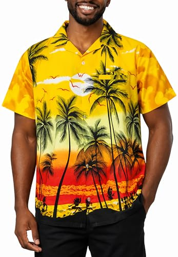 King Kameha Camisa Hawaiana para Hombre de Manga Corta, Camisa Aloha de Verano con Estampado de spiagga, Ligera y fácil de cuidar