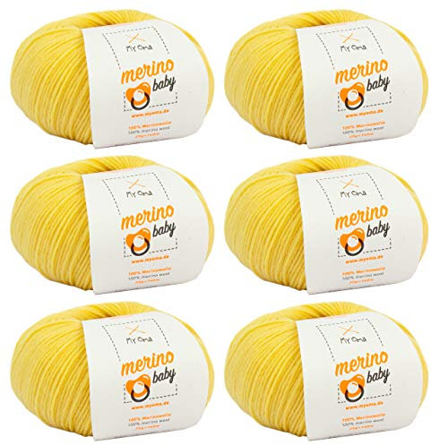 Baby Wolle - Merino Baby vanille (Fb 6015) - 6 Knäuel Babywolle gelb + GRATIS Label - 25g/140m - Nadelstärke 2,5-3mm