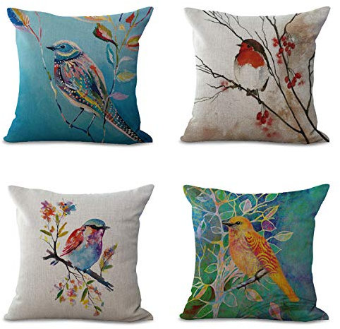 4 Stück Kissenbezug 45 x 45 cm, Bunte Tinte Malerei Stil Blumen und Vögel Serie Grau Beige Blau Baumwolle Leinen Kissenbezug