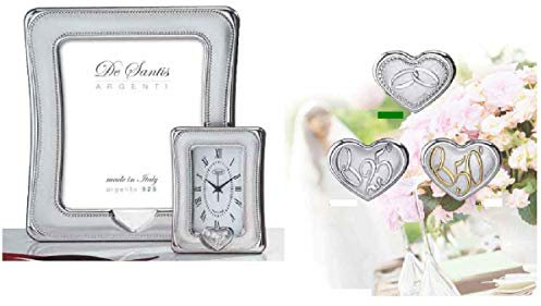 Juego de marco de fotos de 9 x 13 cm + reloj de 9 x 13 cm con placas de plata 925 % de mesa, fabricado en Italia, 100 % decoración perlada para bodas de 25º aniversario 424/09