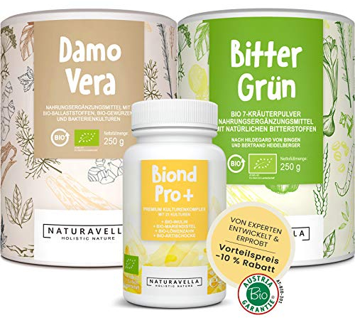 NATURAVELLA Bio-Darmkur-Set | 4-Wochen-Kur | 3 einzigartige Produkte [Ballaststoffe, Bitterstoffe und Bakterienkulturen] perfekt kombiniert als Set zum Vorteilspreis