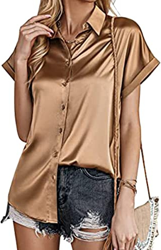 YMING Camisa con Cuello En V y Botones Camisa Abotonada De Manga Corta Blusa De Seda Satinada Tops Casuales y Elegantes Café Ligero L