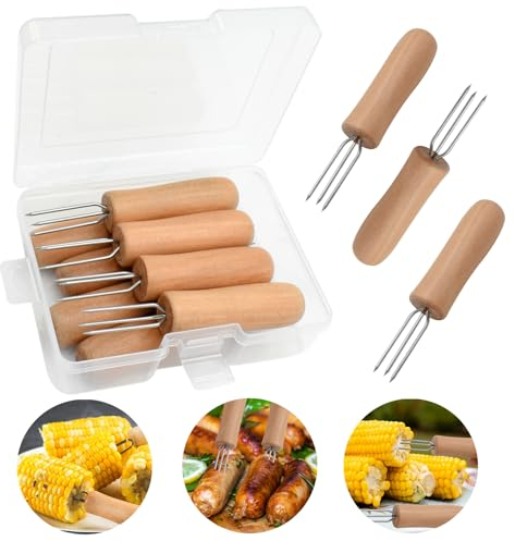PEOUWNES Stainless Steel Corn Holders - 8 Pack with Wooden Handle, Perfect for Grilling, Roasting, and BBQ