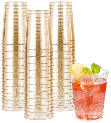 ZkateTrade 50 Stück Hartplastik Plastikbecher mit Goldglitter, 360ml Kunststoff Trinkbecher, Mehrweg Transparent Partybecher für Party, Hochzeiten, Geburtstag