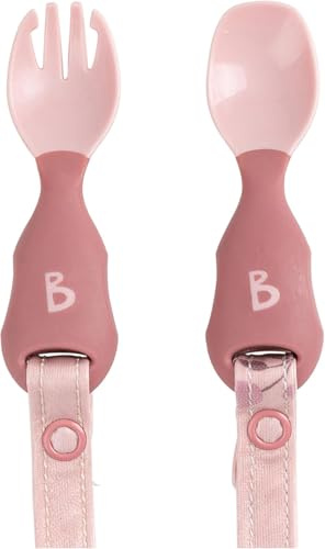 Bibado - Handi Cutlery Set (Blush) - Toddler Cutlery Weaning Set - Baby Spoons & Forks - Use with Coverall Bibs, Detachable Straps - Dishwasher Safe, BPA Free - Baby Essentials - 6 Months to 24 Months