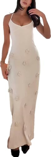 Maxi Crochet Dress for Women 3D Floral Knit Maxi Dress Spaghetti Strap Crochet Dresses Flower Backless Bodycon Knitted Dresses Beach Long Cover up Party Vacation Coverups (LS-1003-Apricot,M)