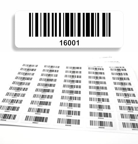 Streckkodsetikett 1.000 st självhäftande, etiketter löpande 5-siffriga 16001-17000, elektrisk provning, DGUV-certifiering, radkod elektroteknik kod128, 50x17 mm