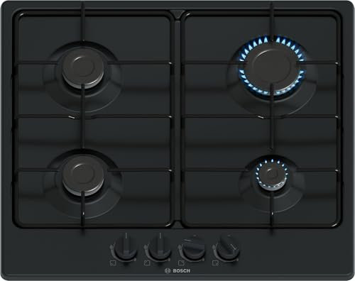 Bosch PGP6B6K80 Serie 4, Piano cottura a gas, Manopole a ponticello: controllo ergonomico, 4 fuochi, Nero, 60 cm