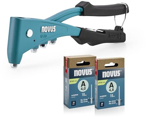 NOVUS TOOLS Pinze per rivetti ciechi N-30 Set con 100 rivetti ciechi, pinze ergonomiche professionali con funzionamento a 1 mano e blocco della maniglia, pinze per rivetti universali in alluminio e