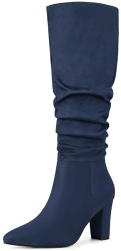 Allegra K Botas altas hasta la rodilla con punta puntiaguda y tacón grueso para mujer, azul marino, 40 EU