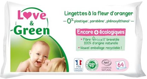 Lingettes bébé Parfumées Fleur D'Oranger Biodégradables Fibres Naturelles LOVE & GREEN - le paquet de 64 lingettes Lot De 3 - Par Lot