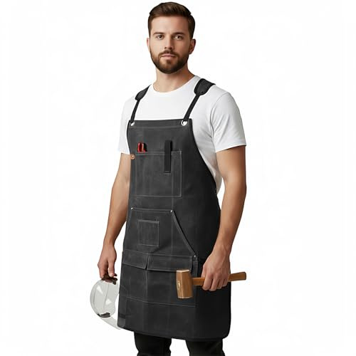 Sneulletoys Welding Tools Apron for Men,Heavy Duty Waxed Canvas Workshop Apron for Carpenters,Woodworking with Multi-Functional Pockets,Adjustable Gardening Cross Back Apron for M-XXL (black)