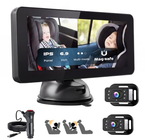Realdio Cámara Bebé Coche Asiento Trasero, Pantalla IPS 6,9, Visión 360° | Pantalla Ultrawide, Visión Nocturna IR, Vista Giratoria 360°, Modo Pantalla Dividida, Montaje sin Herramientas