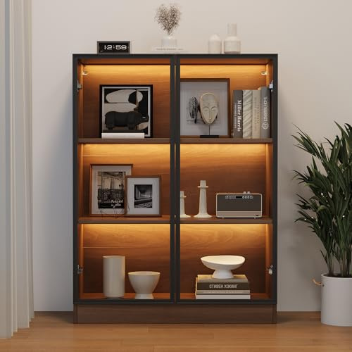 Aunvla glasvitrinskåp med belysning, vitrinskåp natural, samlarvitrinskåp, multifunktionellt glasskåp stående med 3-stegs hyllor, T32/H 106/B 80 cm