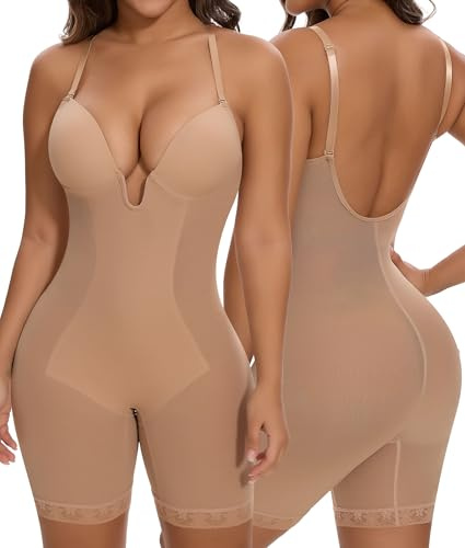 SHAPERIN Women's Low Back Shapewear U Plunge Tummy Control Full Body Shaper | Built in Bra Shapewear Bodysuit Mid-Thigh Underwire Slimming Leotard Thigh Slimmer Waist Trainer