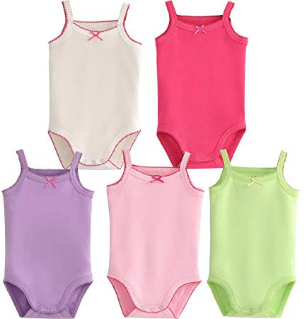 Flickor spagettirem bodysuit ärmlös linne bomull endelad förpackning med sommar babykläder outfit, 5-pack (solid), 0 - 3 månader