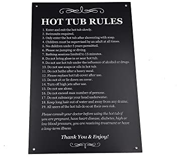 Hot Tub Rules – Panneau avec une liste de points de santé et de sécurité sur l'utilisation d'un bain à remous. Idéal pour une utilisation dans un hébergement de vacances. (jacuzzi) (noir/blanc)