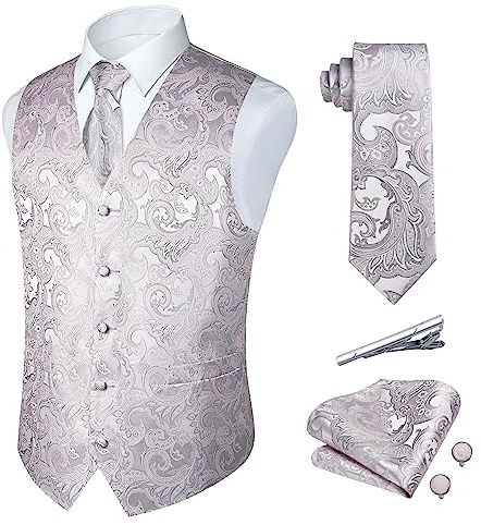 Rithern Gilet da abito uomo Elegante Paisley Floreale Rosa Chiaro Panciotto Uomo Jacquard Cravatta Fazzoletto Set con Gemelli e Fermacravatta Gilet Per Nozze Festa Gilet M