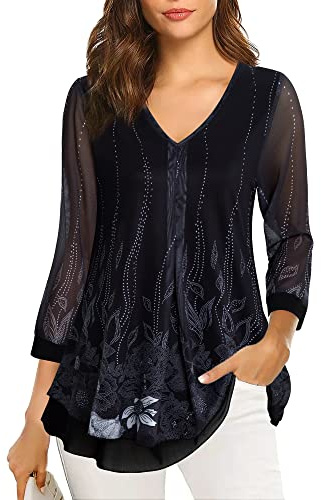 Gaharu Tunique pour femme à manches 3/4, chemisier élégant à double couche, encolure en V, maille, décontractée, avec fleurs, M