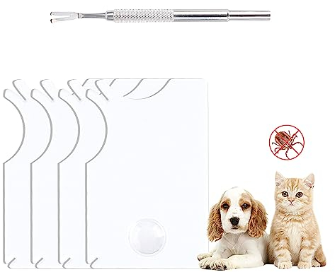 Fonyet Zeckenkarte für Menschen 4 Stück Zeckenkarte mit Lupe und 1 Gabeln aus Edelstahl Zecken Zeckenkarte für Kinder Hunde und Katzen