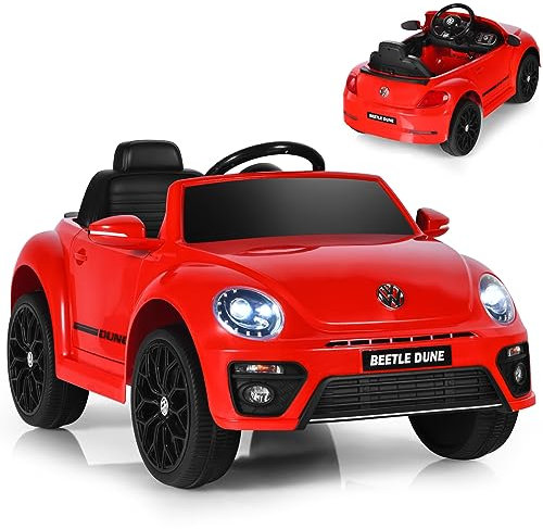 GYMAX Kids Ride on Car, 12V Licensed Volkswagen Beetle Battery Powered Car with Remote Control, Bluetooth, USB, FM, Music, Spring Suspension&Slow Start, Children Electric Vehicle for Girls Boys (Red)