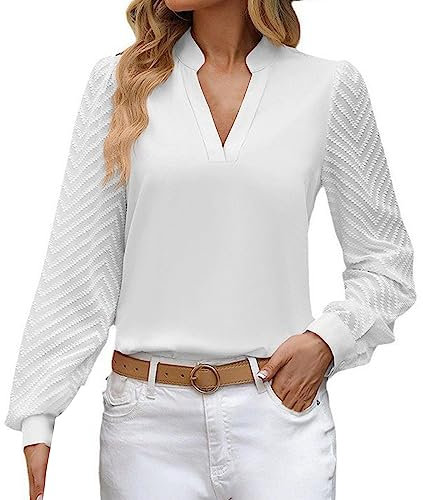 Kswlwccpp Chiffon Bluse Damen Tailliert Stretch Langarm V-Ausschnitt Hemdbluse Festliche Oberteile Casual Bügelfrei Elegant Damen Blusen Longbluse Modern Große Größen Weiße Bluse Trachtenbluse