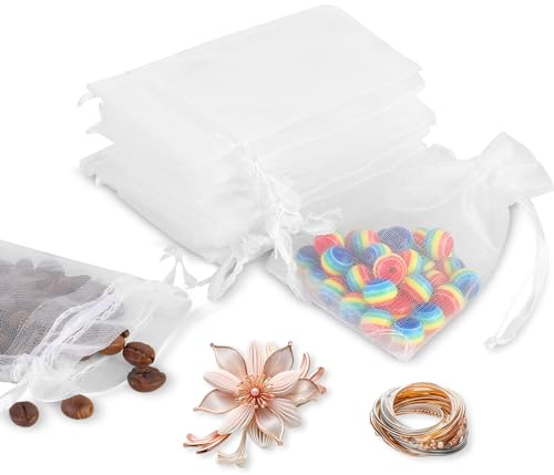 Abeillo 50 bolsitas de organza de 7 x 9 cm, pequeñas bolsas de organza con cordón, bolsas de organza para rellenar, bolsas de regalo para bodas, cumpleaños, fiestas, joyas (blanco)